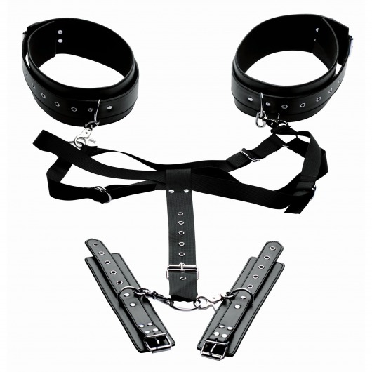 Черная бондажная система Acquire Easy Access Thigh Harness with Wrist Cuffs - XR Brands - купить с доставкой в Батайске