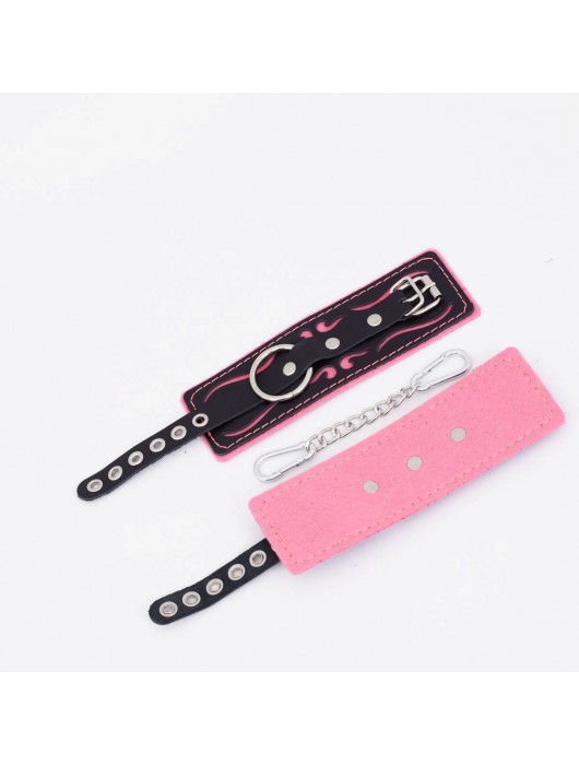 Черно-розовые кожаные наручники с розовой строчкой - Crazy Handmade - купить с доставкой в Батайске