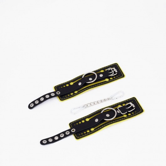 Черно-желтые кожаные наручники с жёлтой строчкой - Crazy Handmade - купить с доставкой в Батайске