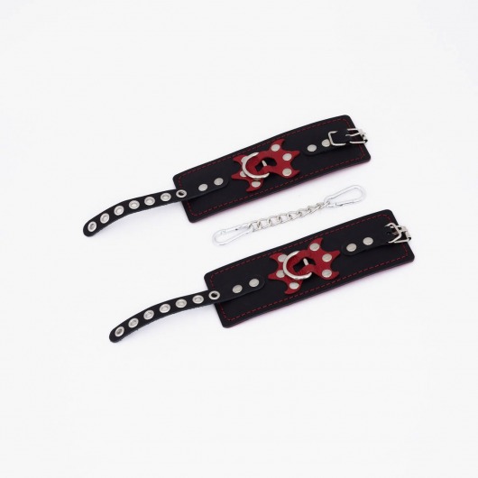 Черные кожаные наручники с красным декором и строчкой - Crazy Handmade - купить с доставкой в Батайске