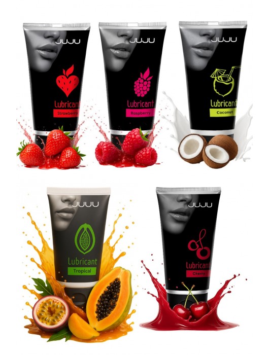 Набор из 5 съедобных лубрикантов JUJU (клубника, малина, тропические фрукты, вишня, кокос) - JuJu - купить с доставкой в Батайске