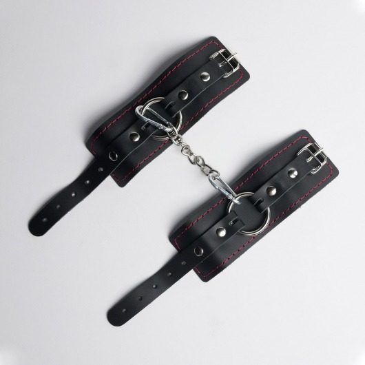 Черные кожаные наручники с красной строчкой - Crazy Handmade - купить с доставкой в Батайске