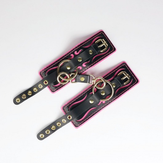 Черные кожаные наручники с розовой строчкой - Crazy Handmade - купить с доставкой в Батайске