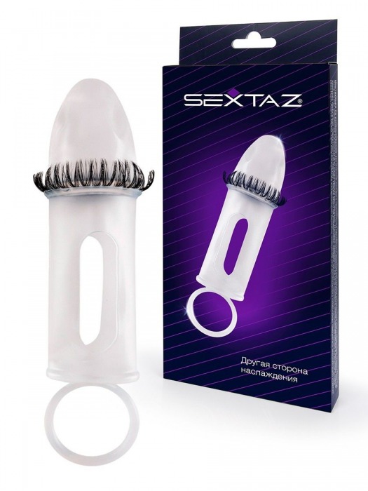 Закрытая насадка на пенис с подхватом мошонки и стимулирующими «ресничками» - Sextaz - в Батайске купить с доставкой