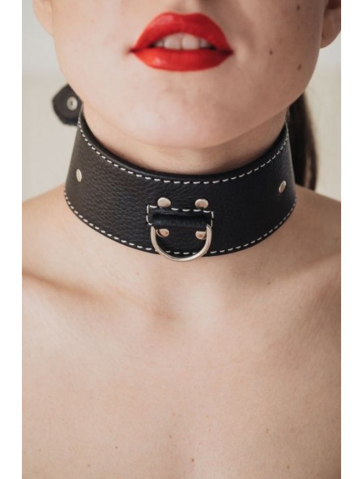 Черный кожаный ошейник с петлёй для поводка - БДСМ Арсенал - купить с доставкой в Батайске