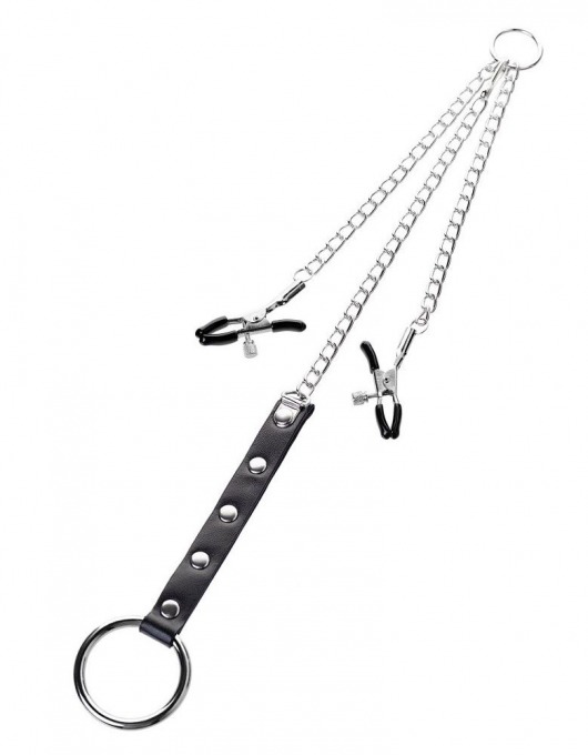 Серебристо-чёрные зажимы для сосков с кольцом для пениса TOYFA Metal - ToyFa - купить с доставкой в Батайске